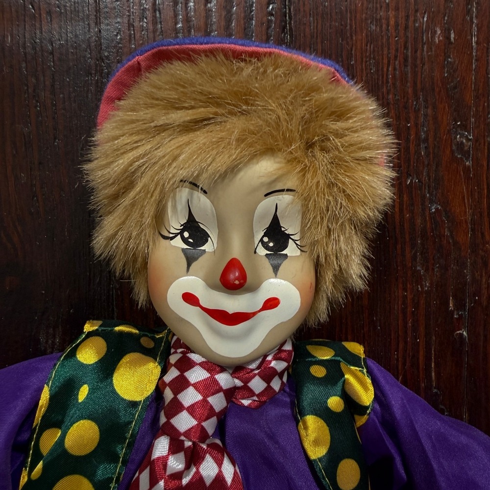 VTG Porcelain Harlequin Jester Doll Colorful 1970s Polka Dot Clown